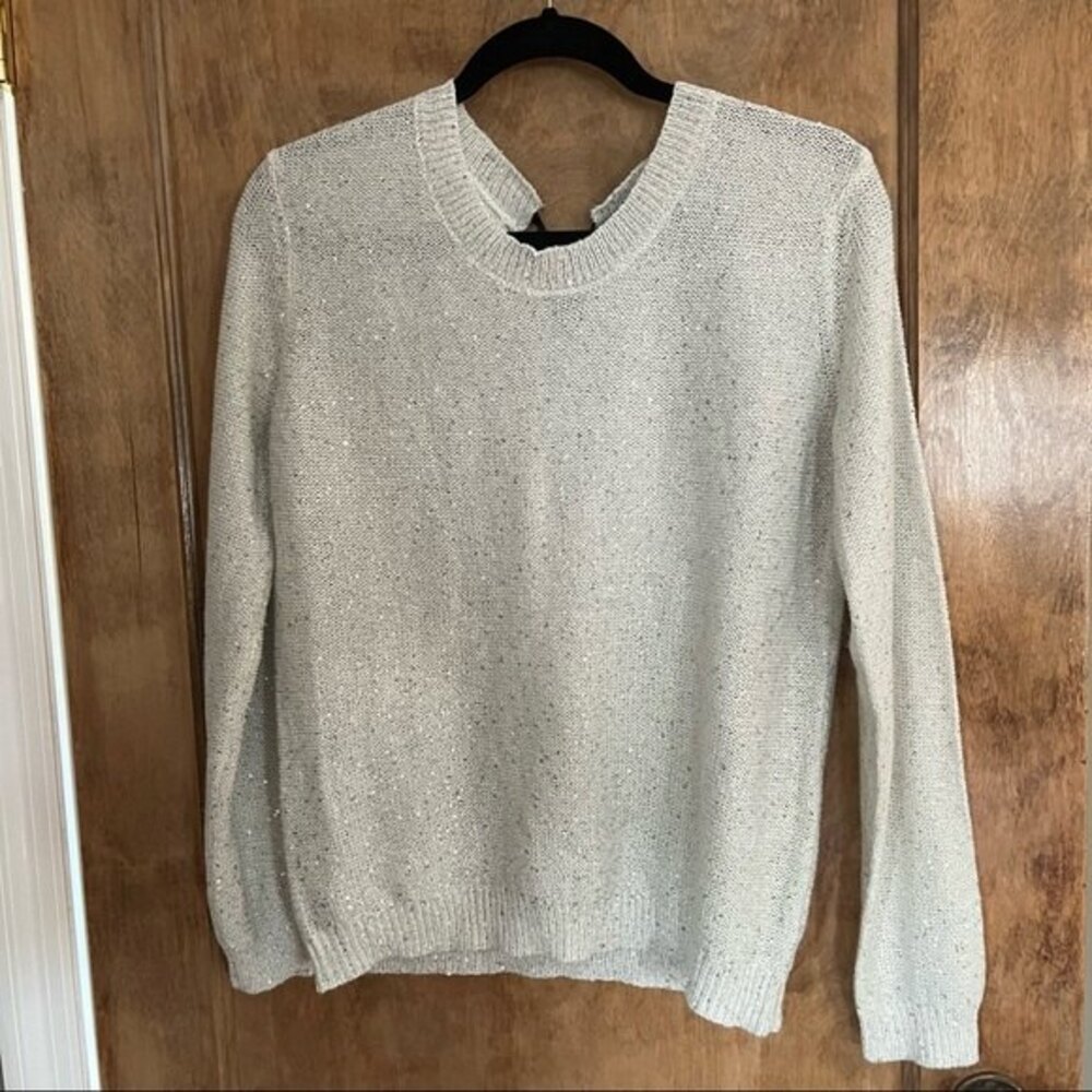 a.n.a Ana Womens Misses Gray Metallic Sequin Bow Tie Back Sweater